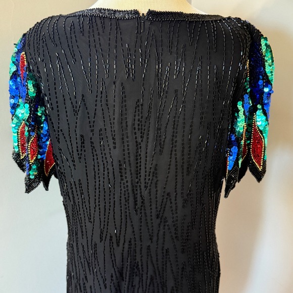 Vintage 80s Nite Line Silk Beaded Sequin Cocktail Dress Black Multicolor Size 12 - Picture 6 of 9